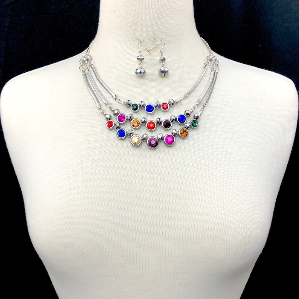 Multicolor Rhinestone Layered Silver Statement Necklace Earrings Set - Picture 3 of 3